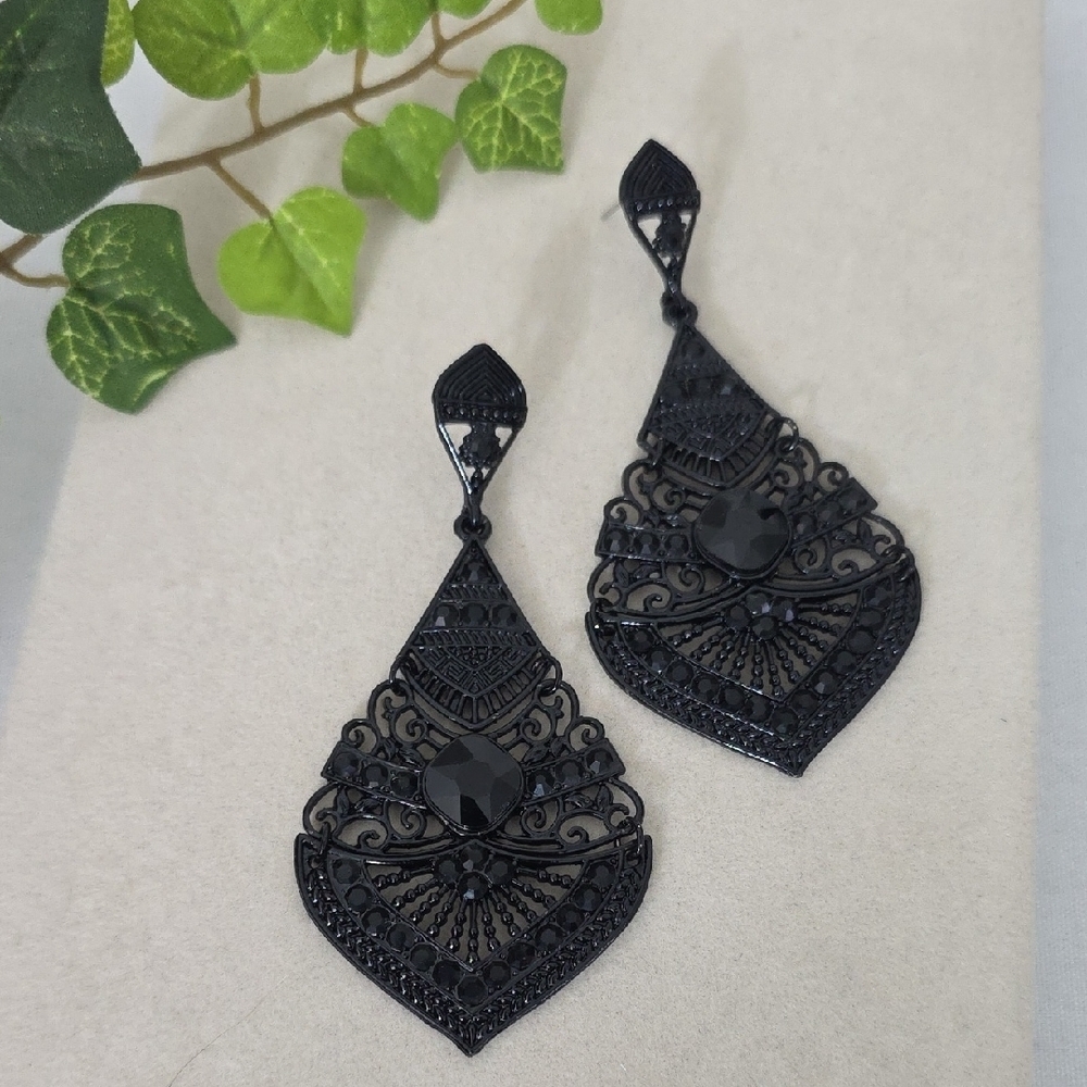 Statement Black Metal Filigree and Crystal Drop Earrings